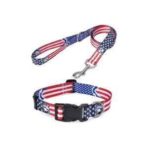 American Flag Dog Collar Leash Set with Patriotic Pattern for Small Medium Large Dogs