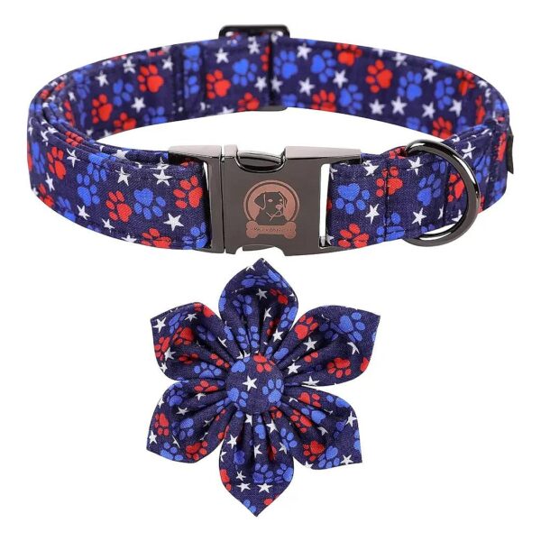 American Flag Flower Dog Collar with Adjustable Buckle for Small to Large Breed Dogs