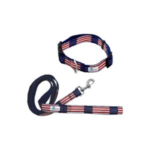 American Flag Plaid Pattern Polyester Dog Collar Leash Set Size Large Adjustable Buckle