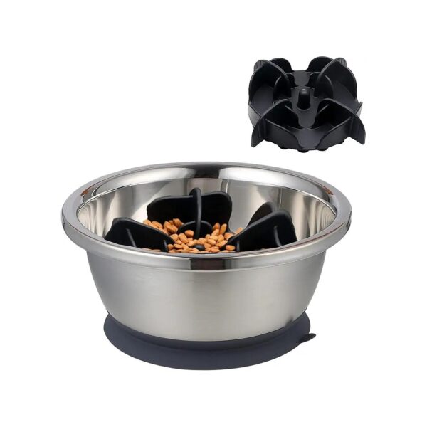 Anti-Slip Stainless Steel 2-in-1 Dog Bowl with Slow Feeder Insert and Large 7oz Capacity