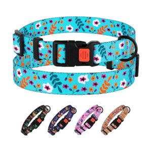 Aquamarine Floral Print Nylon Dog Collar Adjustable for Small to Large Dogs