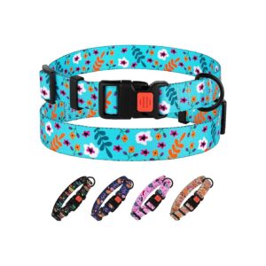 Aquamarine Floral Print Nylon Dog Collar for Small Medium Large Dogs