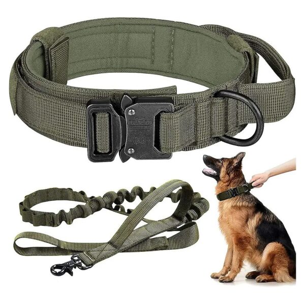 Army Green Nylon Tactical Dog Collar and Leash with Control Handle for Large Breed Dogs