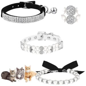 Artificial Pearl Rhinestone Dog Collar Set with Adjustable Bell for Wedding and Party