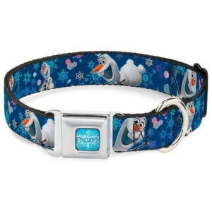 Artistic Seatbelt Buckle Dog Collar Featuring Frozen Olaf and Snowflakes in Blues