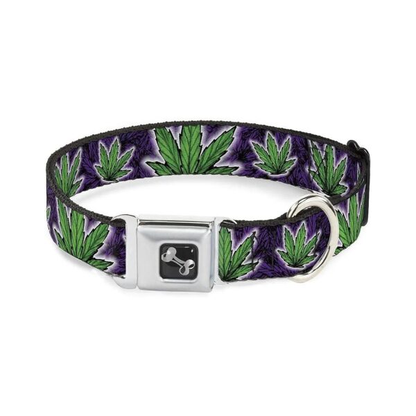 Authentic Seatbelt Buckle Dog Collar with Vibrant Marijuana Haze Purple Pattern