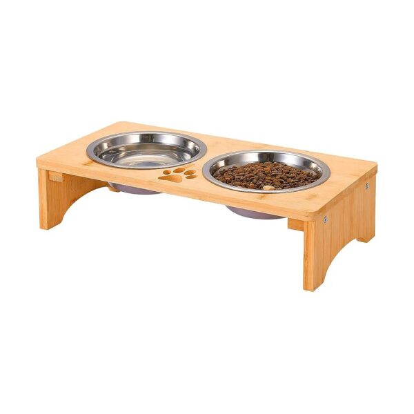 Bamboo Dog Food Stand with Raised Food and Water Bowls for Large Breed Dogs and Cats