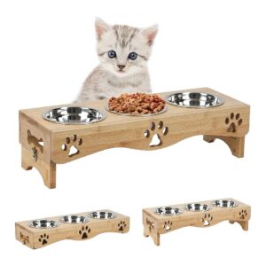 Bamboo Wood and Stainless Steel Cat Food Bowl Feeder for Multiple Small Pets