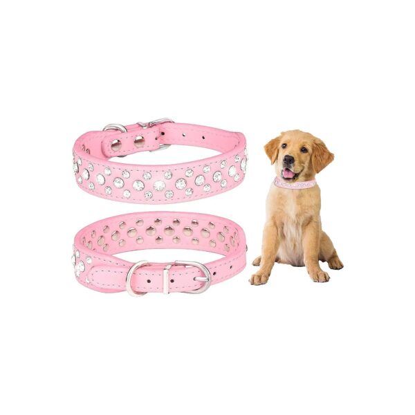 Beautiful Pink Diamond-Studded PU Leather Dog Collar for Small and Medium Canines