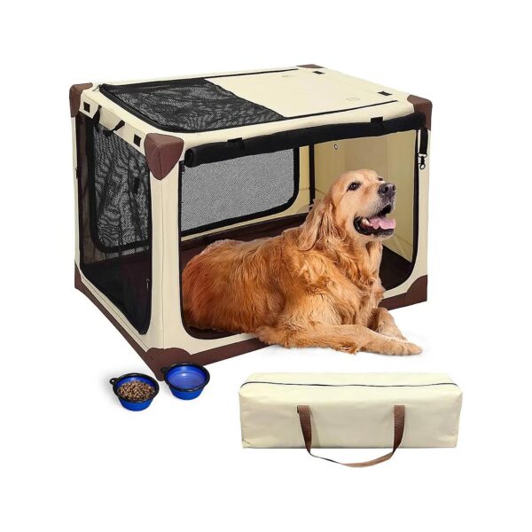 Beige Portable Dog Kennel with 4 Door Breathable Mesh Window and Foldable Dog Bowls