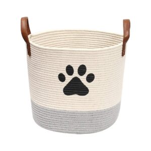 Beige and Gray Cotton Rope Laundry Basket with Leather Handle for Dog Clothing Storage