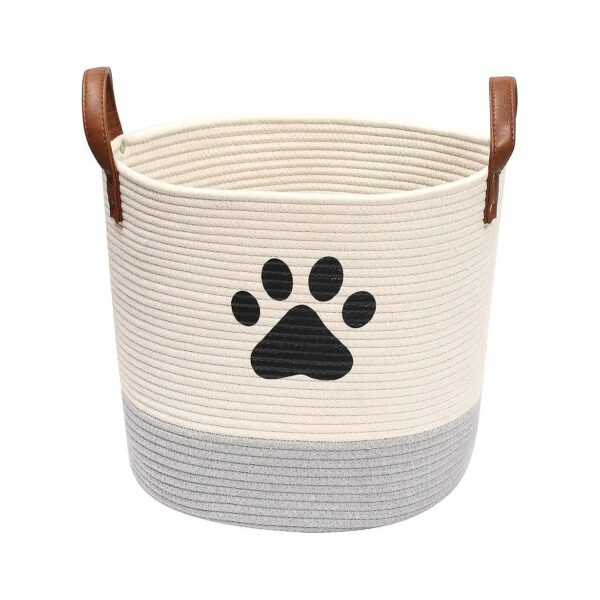 Beige and Gray Cotton Rope Laundry Basket with Leather Handle for Dog Clothing Storage