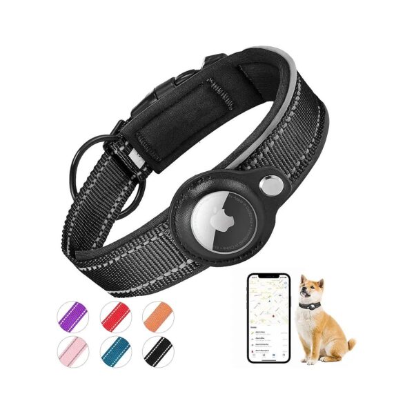 Black Air Tag Dog Collar with Integrated AirTag Holder for Small Medium Large Dogs