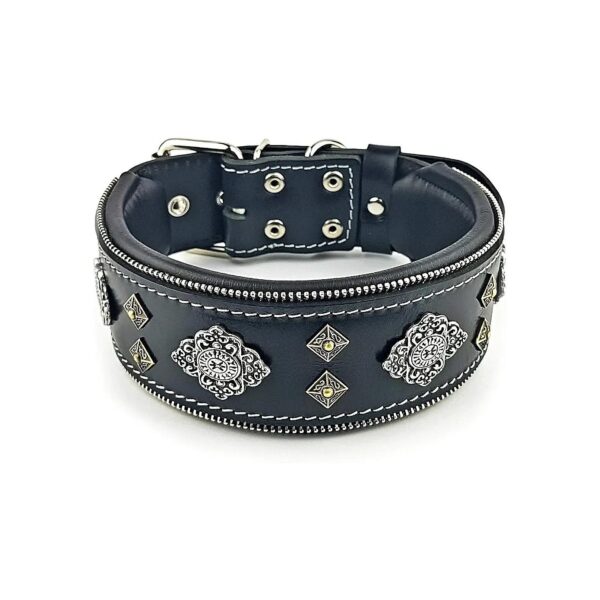 Black Buffalo Leather Big Dog Collar with Rivet Design and Soft Padded