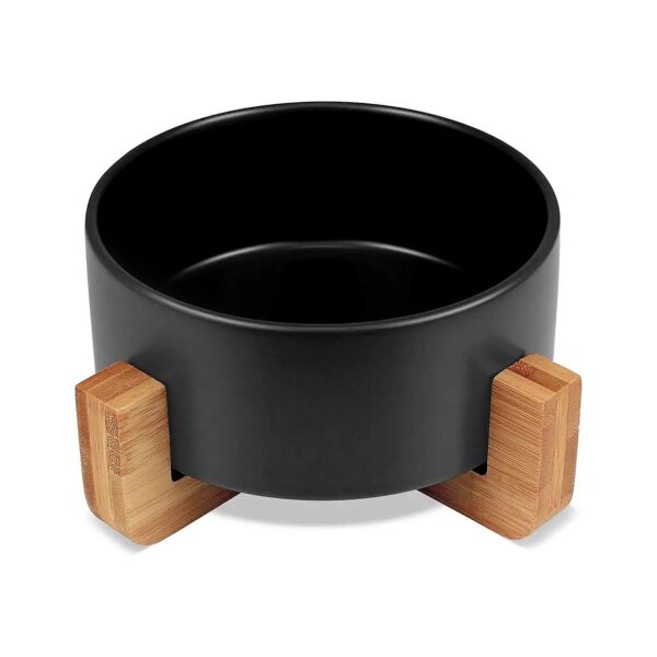 Black Ceramic and Bamboo Wood Pet Bowls for Dogs and Cats, Suitable for All Sizes