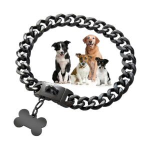 Black Cuban Link Chain Dog Collar with Easy Lock Buckle and ID Tag for Medium Dogs