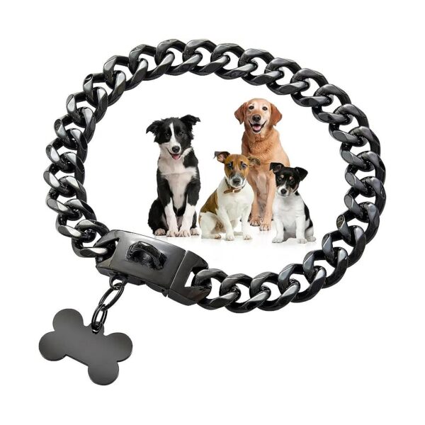 Black Cuban Link Chain Dog Collar with Easy Lock Buckle and ID Tag for Medium Dogs