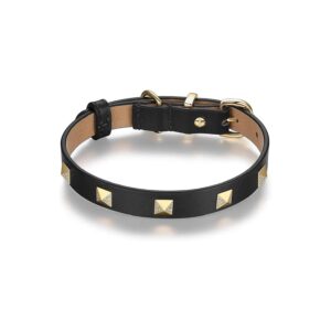 Black Leather Dog Collar with Microfiber Lining and Yellow Gold Pyramid Studs 13