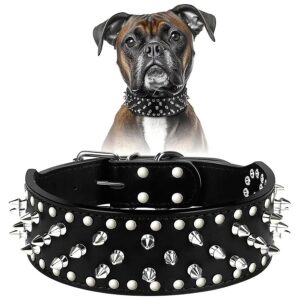 Black Leather Dog Collar with Spikes and Studding for Large Medium Dogs Adjustable