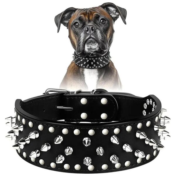 Black Leather Dog Collar with Spikes and Studding for Large Medium Dogs Adjustable