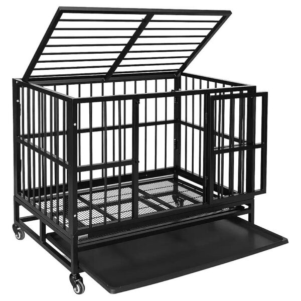 Black Metal Dog Crate with Lockable Wheels and Removable Tray for Small Medium Large Dogs