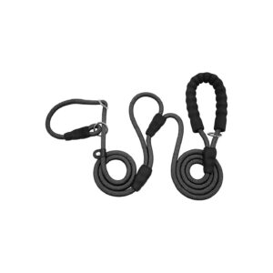 Black Nylon Double Handle Slip Leash for Medium Large Dogs with Traffic Handle Control