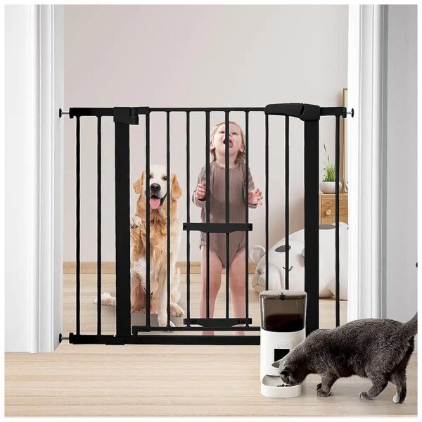 Black Pet Gate with Cat Door and Adjustable Width for Stairs, Doorways, and Kitchens