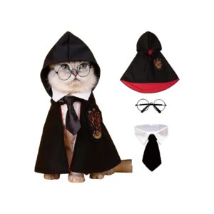 Black Small Breed Pet Wizard Costume with Hooded Cloak and Accessories