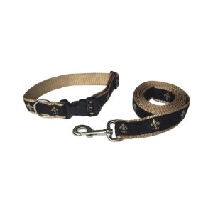 Black and Gold Fleur De Lis Dog Leash and Collar Set for Large Dogs from US Manufacturers