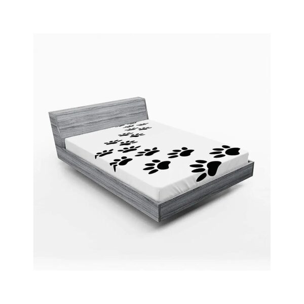 Black and White Fitted Sheet Set with Paw Print Silhouettes for Kitten and Dog Lovers