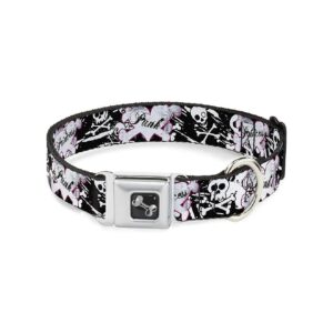 Black and White Punk Princess Heart Cross Bones Skulls Dog Collar Seatbelt Buckle