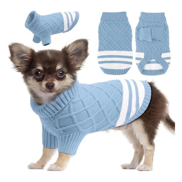 Blue Acrylic Cable Knit Dog Sweaters with Turtleneck for Small Dogs and Cats