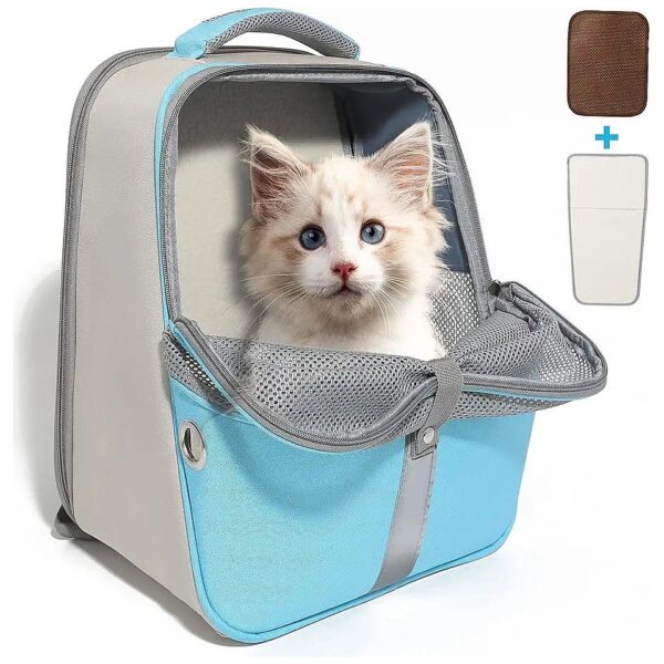 Blue Breathable Cat Carrier Backpack with Ventilated Mesh Pocket for Hiking and Travel