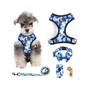 Blue Camouflage Dog Harness and Leash Set for Small Dogs with Adjustable Neck Size