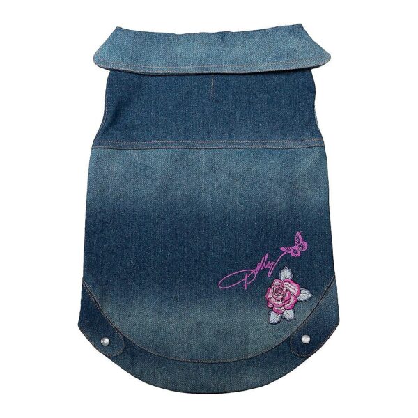 Blue Denim Dog Jacket with Collar and Leash Hole for Small Dogs with Adjustable Closure