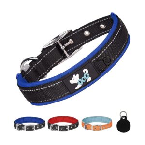 Blue Dog Collar with AirTag Holder and Metal Buckle for Small Medium Large Dogs