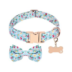 Blue Floral Pattern Dog Collar with Adjustable Metal Buckle and Detachable Bowtie