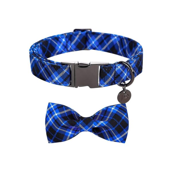 Blue Plaid Dog Bowtie Collar with Sturdy Metal Buckle and Cotton Fabric