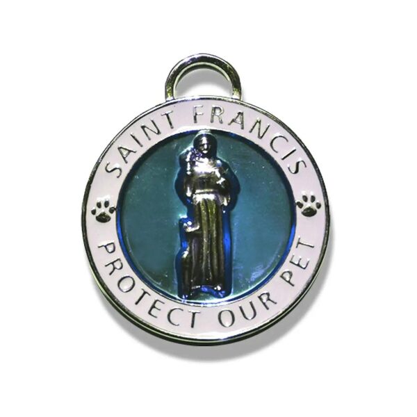 Blue Realistic Pet Collar Charm of Saint Francis of Assisi Large Round Engraved