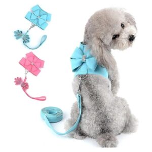 Blue Small Pet Puppy Doggie Cat Dog Harness Bow Girls Adjustable Soft Suede Leather