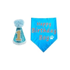 Blue and Pink 1st Birthday Hats and Bandanas Set for Small Medium Dogs Cats Puppies