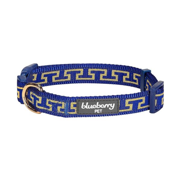 Blueberry Pet Patterned Royal Blue Adjustable Dog Collar with Gold Thread