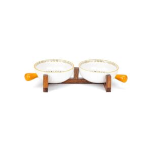 Bohemian Ceramic Handle Dog Bowl Set with Acacia Wood Stand for Medium and Small Pets