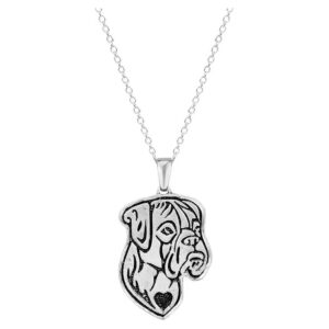 Boxer Dog Necklace with Cable Chain and Etched Silver Heart Pendant