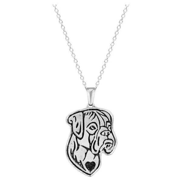 Boxer Dog Necklace with Cable Chain and Etched Silver Heart Pendant