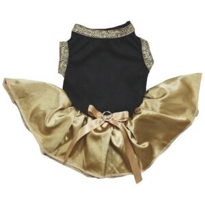 Breathable Cotton Polyester Black Dog Dress with Gold Tutu for Petite Puppies Medium