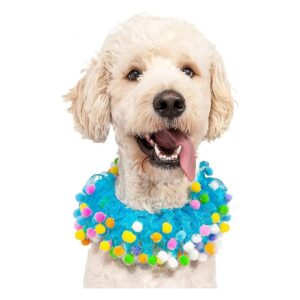 Bright Blue Birthday Pom Pom Dog Collar for Large Dogs