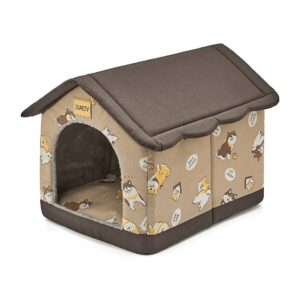 Brown Dog House for Small to Medium-Sized Dogs, Luxurious Flannel Bedding