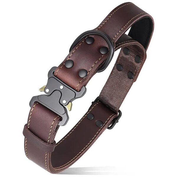 Brown Leather Dog Collar with Heavy Duty Metal Buckle and Leather Stitching