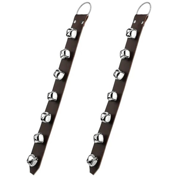 Brown Leather-Strapped Hanging Dog Doorbell with 7 Silver Jingle Bells